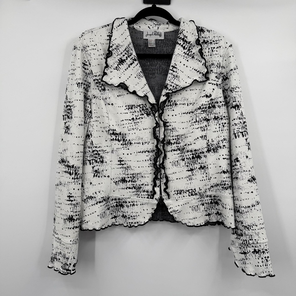 Joseph Ribkoff Jacket Womens 16 White Geometric Tweed Ruffle Tasseled Open